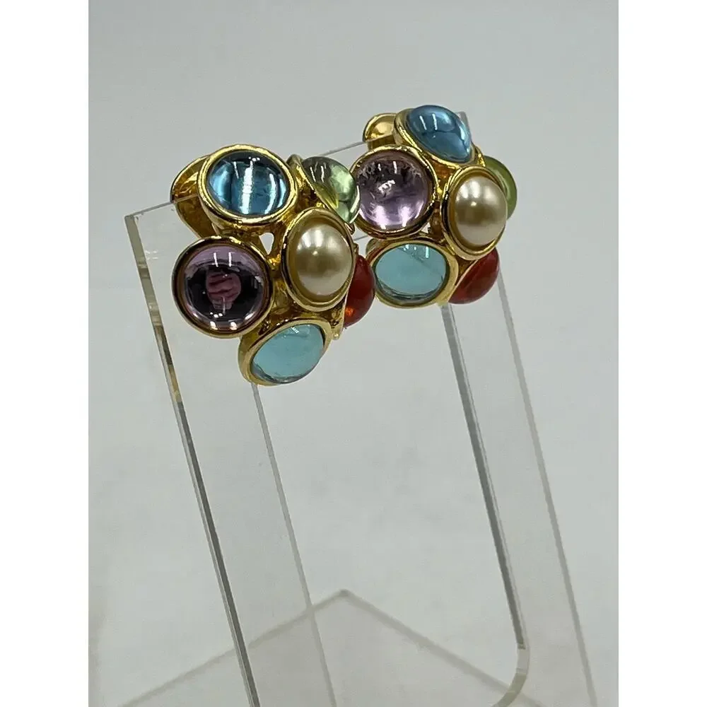 Vintage Pastel Colors Flower Cabochons Moon glow Clip On Gold‎ Tone Earrings